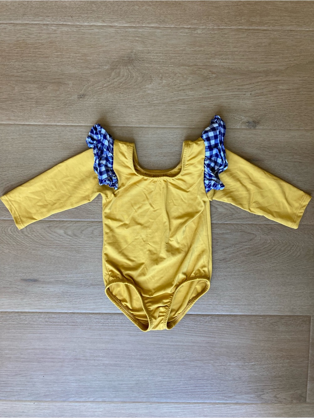 Mustard Yellow Long-Sleeve Bodysuit with Blue Gingham Ruffle Shoulders